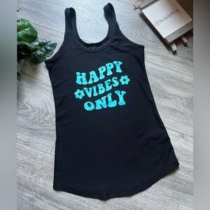 No Boundaries Happy Vibes Only Black Hippie Tank Top with Teal Print. Size XS
